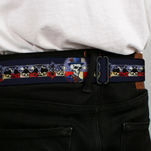 Grateful Dead - GRATEFUL DEAD Text with Steal Your Face Logo Full Color Black Seatbelt Belt - Grateful Dead Dave's Picks Skeleton Americana Bonus Art Webbing - StealieShop
