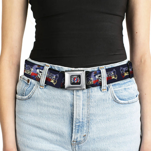 Grateful Dead - GRATEFUL DEAD Text with Steal Your Face Logo Full Color Black Seatbelt Belt - Grateful Dead Dave's Picks Skeleton Americana Bonus Art Webbing - StealieShop