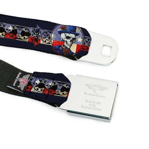 Grateful Dead - GRATEFUL DEAD Text with Steal Your Face Logo Full Color Black Seatbelt Belt - Grateful Dead Dave's Picks Skeleton Americana Bonus Art Webbing - StealieShop