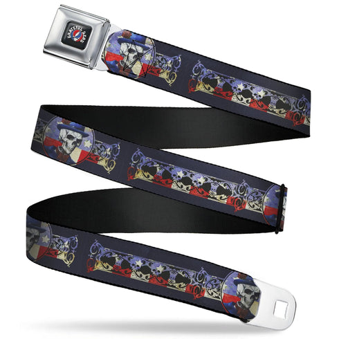Grateful Dead - GRATEFUL DEAD Text with Steal Your Face Logo Full Color Black Seatbelt Belt - Grateful Dead Dave's Picks Skeleton Americana Bonus Art Webbing - StealieShop