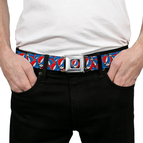Grateful Dead - Grateful Dead Steal Your Face Logo Full Color Black/Red/White/Blue Seatbelt Belt - Grateful Dead Steal Your Face Logo Stacked Red/White/Blue Webbing - StealieShop