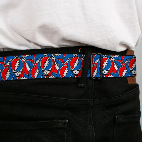Grateful Dead - Grateful Dead Steal Your Face Logo Full Color Black/Red/White/Blue Seatbelt Belt - Grateful Dead Steal Your Face Logo Stacked Red/White/Blue Webbing - StealieShop