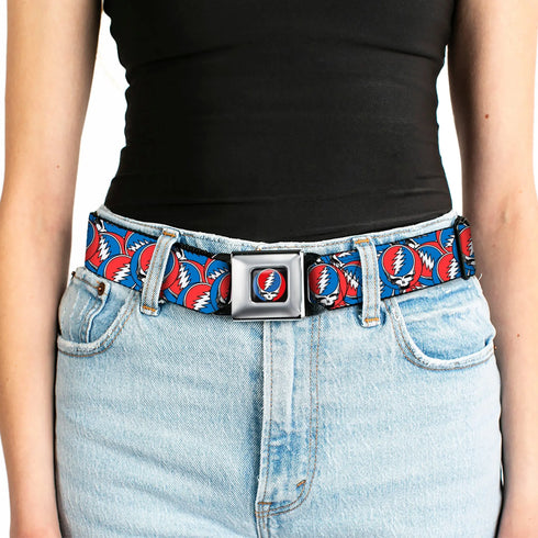Grateful Dead - Grateful Dead Steal Your Face Logo Full Color Black/Red/White/Blue Seatbelt Belt - Grateful Dead Steal Your Face Logo Stacked Red/White/Blue Webbing - StealieShop
