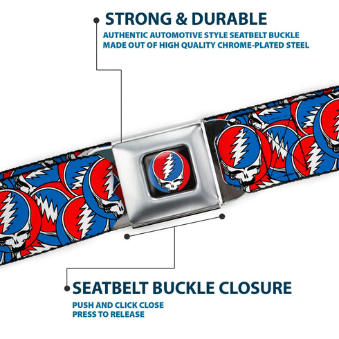 Grateful Dead - Grateful Dead Steal Your Face Logo Full Color Black/Red/White/Blue Seatbelt Belt - Grateful Dead Steal Your Face Logo Stacked Red/White/Blue Webbing - StealieShop