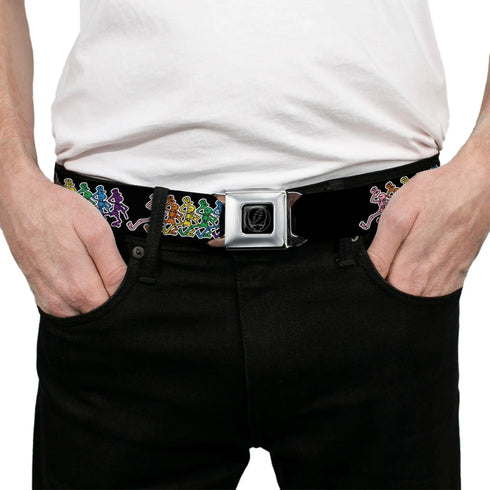 Grateful Dead - Steal Your Face Seatbelt Belt - Dancing Skeletons Black/Multi Color Webbing - StealieShop