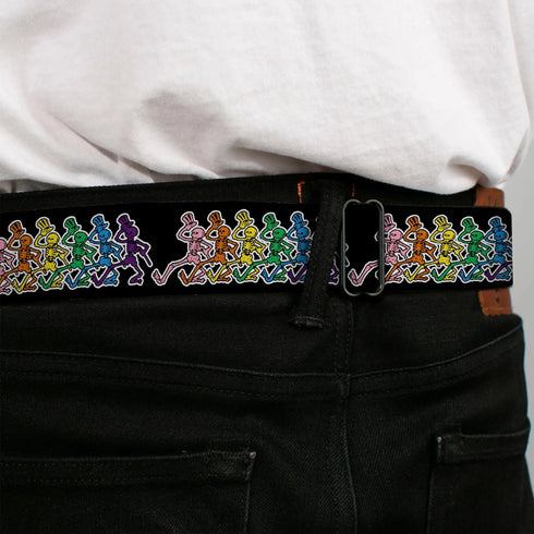 Grateful Dead - Steal Your Face Seatbelt Belt - Dancing Skeletons Black/Multi Color Webbing - StealieShop