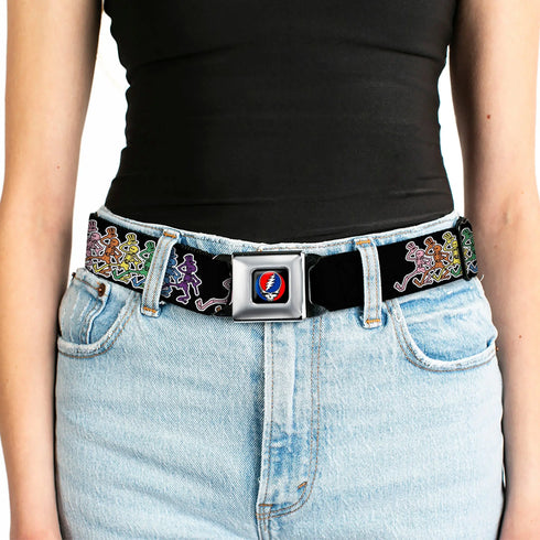 Grateful Dead - Steal Your Face Seatbelt Belt - Dancing Skeletons Black/Multi Color Webbing - StealieShop