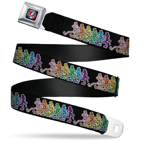 Grateful Dead - Steal Your Face Seatbelt Belt - Dancing Skeletons Black/Multi Color Webbing - StealieShop