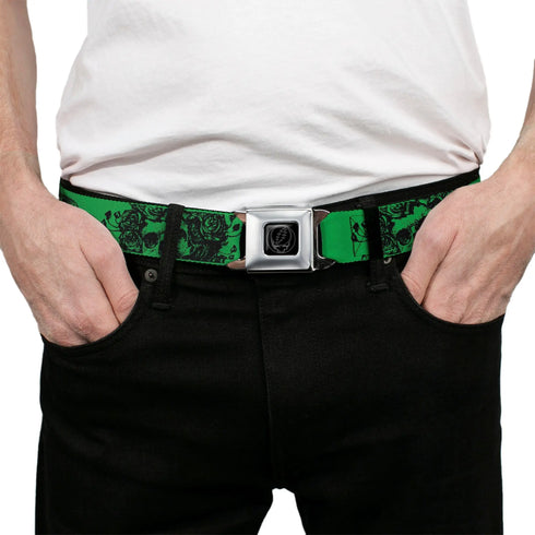 Grateful Dead - Steal Your Face Seatbelt Belt - Grateful Dead Text w/Skull & Roses Green Webbing - StealieShop
