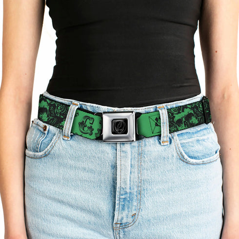 Grateful Dead - Steal Your Face Seatbelt Belt - Grateful Dead Text w/Skull & Roses Green Webbing - StealieShop