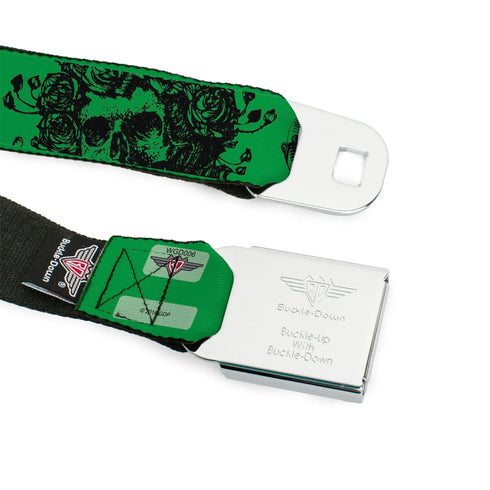 Grateful Dead - Steal Your Face Seatbelt Belt - Grateful Dead Text w/Skull & Roses Green Webbing - StealieShop