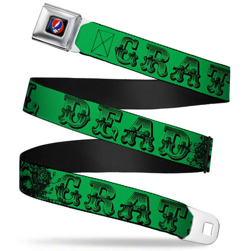 Grateful Dead - Steal Your Face Seatbelt Belt - Grateful Dead Text w/Skull & Roses Green Webbing - StealieShop