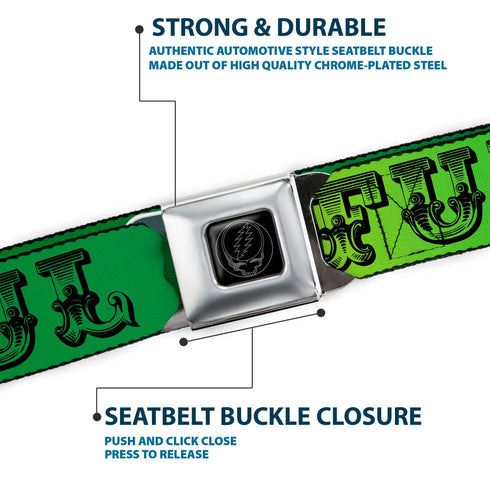 Grateful Dead - Steal Your Face Seatbelt Belt - Grateful Dead Text w/Skull & Roses Rainbow Fade Webbing - StealieShop