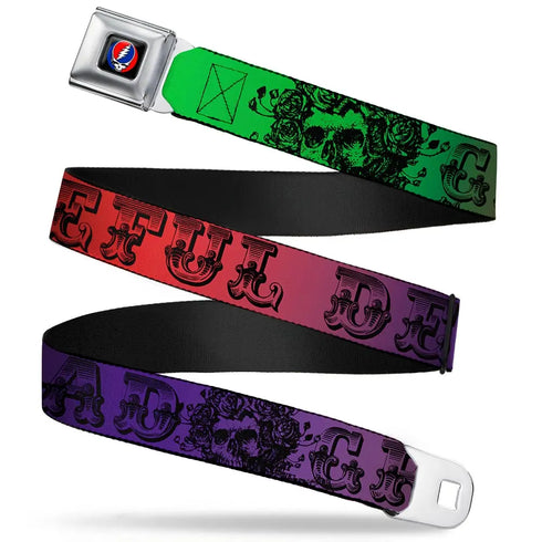 Grateful Dead - Steal Your Face Seatbelt Belt - Grateful Dead Text w/Skull & Roses Rainbow Fade Webbing - StealieShop