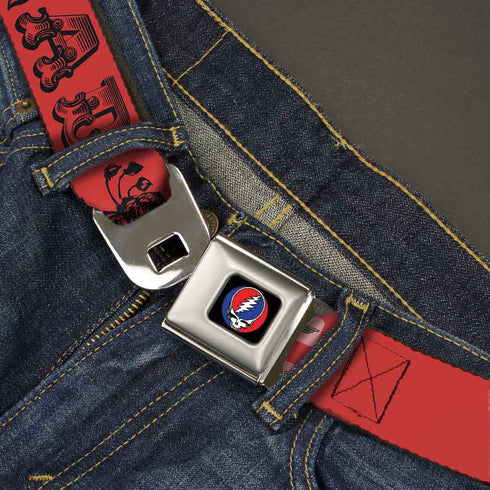Grateful Dead - Steal Your Face Seatbelt Belt - Grateful Dead Text w/Skull & Roses Red Webbing - StealieShop