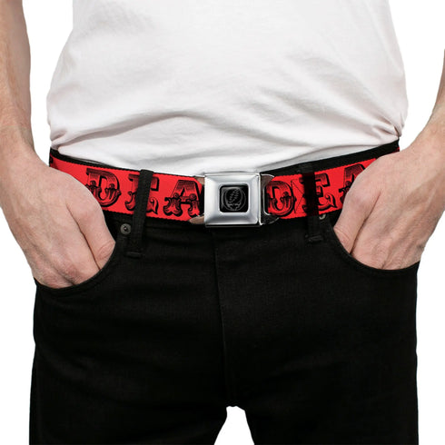 Grateful Dead - Steal Your Face Seatbelt Belt - Grateful Dead Text w/Skull & Roses Red Webbing - StealieShop