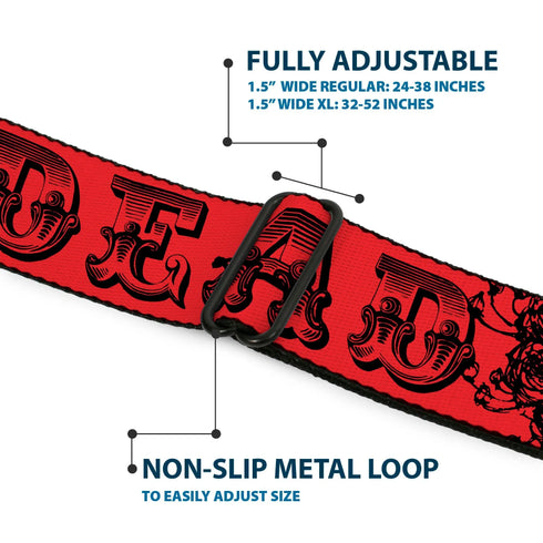 Grateful Dead - Steal Your Face Seatbelt Belt - Grateful Dead Text w/Skull & Roses Red Webbing - StealieShop