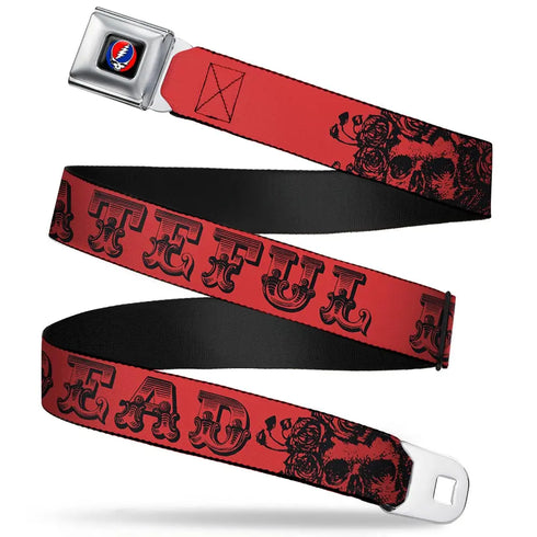 Grateful Dead - Steal Your Face Seatbelt Belt - Grateful Dead Text w/Skull & Roses Red Webbing - StealieShop