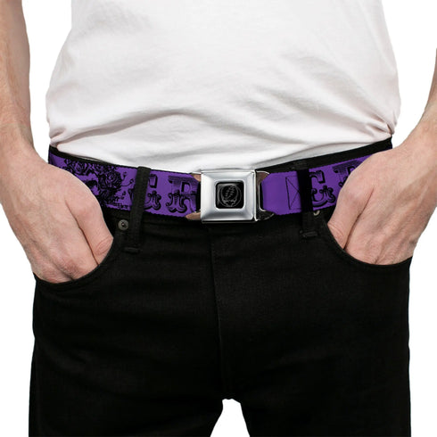 Grateful Dead - Steal Your Face Seatbelt Belt - Grateful Dead Text w/Skull & Roses Purple Webbing - StealieShop