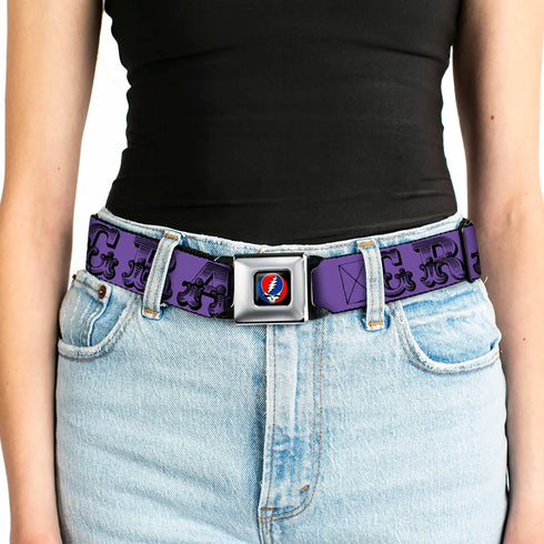 Grateful Dead - Steal Your Face Seatbelt Belt - Grateful Dead Text w/Skull & Roses Purple Webbing - StealieShop