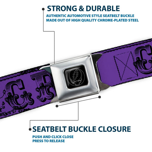Grateful Dead - Steal Your Face Seatbelt Belt - Grateful Dead Text w/Skull & Roses Purple Webbing - StealieShop