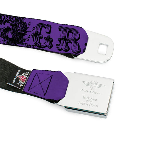 Grateful Dead - Steal Your Face Seatbelt Belt - Grateful Dead Text w/Skull & Roses Purple Webbing - StealieShop