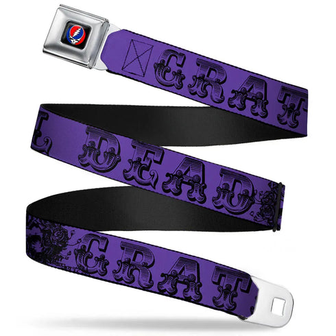 Grateful Dead - Steal Your Face Seatbelt Belt - Grateful Dead Text w/Skull & Roses Purple Webbing - StealieShop