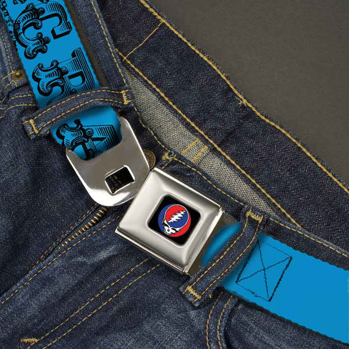Grateful Dead - Steal Your Face Seatbelt Belt - Grateful Dead Text w/Skull & Roses Turquoise Webbing - StealieShop