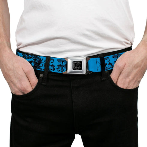 Grateful Dead - Steal Your Face Seatbelt Belt - Grateful Dead Text w/Skull & Roses Turquoise Webbing - StealieShop