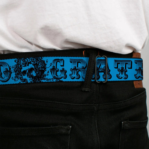 Grateful Dead - Steal Your Face Seatbelt Belt - Grateful Dead Text w/Skull & Roses Turquoise Webbing - StealieShop
