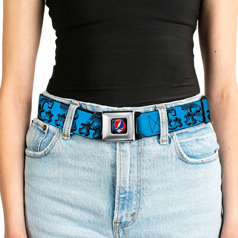 Grateful Dead - Steal Your Face Seatbelt Belt - Grateful Dead Text w/Skull & Roses Turquoise Webbing - StealieShop