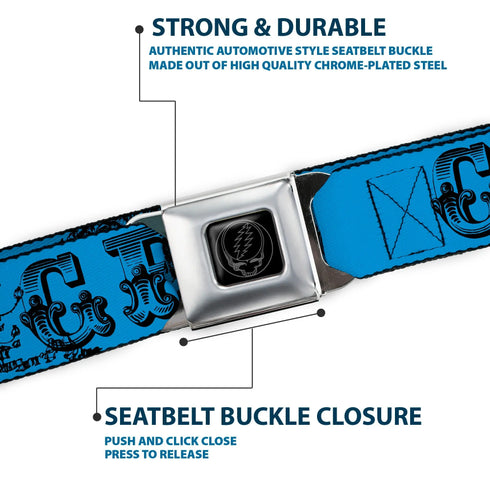 Grateful Dead - Steal Your Face Seatbelt Belt - Grateful Dead Text w/Skull & Roses Turquoise Webbing - StealieShop
