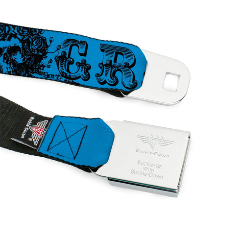 Grateful Dead - Steal Your Face Seatbelt Belt - Grateful Dead Text w/Skull & Roses Turquoise Webbing - StealieShop