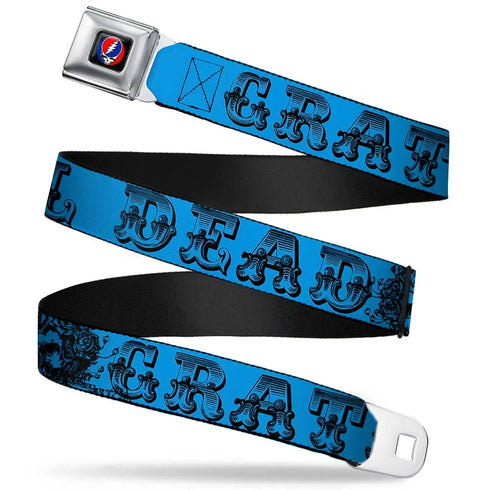 Grateful Dead - Steal Your Face Seatbelt Belt - Grateful Dead Text w/Skull & Roses Turquoise Webbing - StealieShop