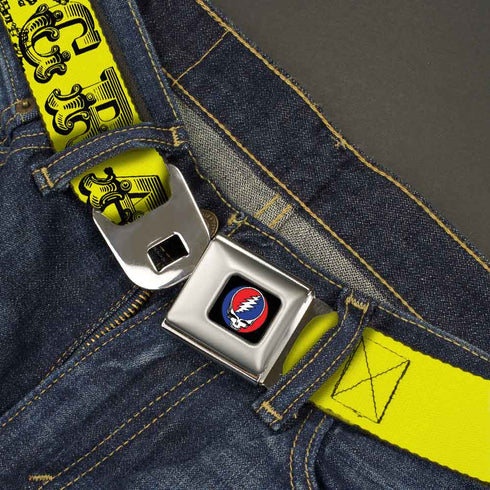 Grateful Dead - Steal Your Face Seatbelt Belt - Grateful Dead Text w/Skull & Roses Yellow Webbing - StealieShop