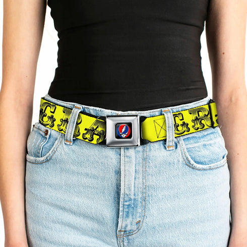 Grateful Dead - Steal Your Face Seatbelt Belt - Grateful Dead Text w/Skull & Roses Yellow Webbing - StealieShop