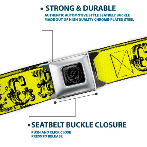 Grateful Dead - Steal Your Face Seatbelt Belt - Grateful Dead Text w/Skull & Roses Yellow Webbing - StealieShop