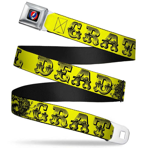 Grateful Dead - Steal Your Face Seatbelt Belt - Grateful Dead Text w/Skull & Roses Yellow Webbing - StealieShop