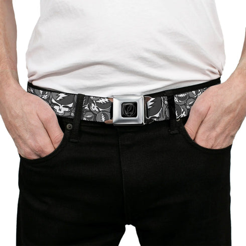 Grateful Dead - Steal Your Face Seatbelt Belt - Steal Your Face Stacked Gray Webbing - StealieShop