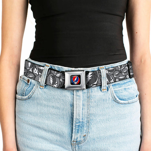 Grateful Dead - Steal Your Face Seatbelt Belt - Steal Your Face Stacked Gray Webbing - StealieShop