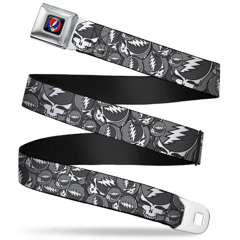 Grateful Dead - Steal Your Face Seatbelt Belt - Steal Your Face Stacked Gray Webbing - StealieShop