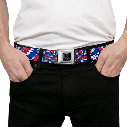 Grateful Dead - Steal Your Face Seatbelt Belt - Steal Your Face Stacked Red/White/Blue Webbing - StealieShop