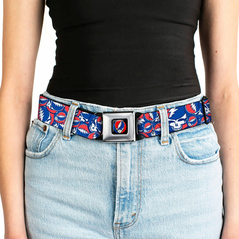 Grateful Dead - Steal Your Face Seatbelt Belt - Steal Your Face Stacked Red/White/Blue Webbing - StealieShop