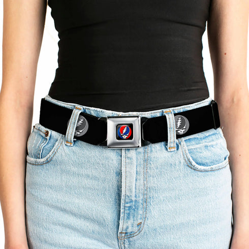 Grateful Dead - Steal Your Face Seatbelt Belt - Steal Your Face Repeat Black/Gray Webbing - StealieShop