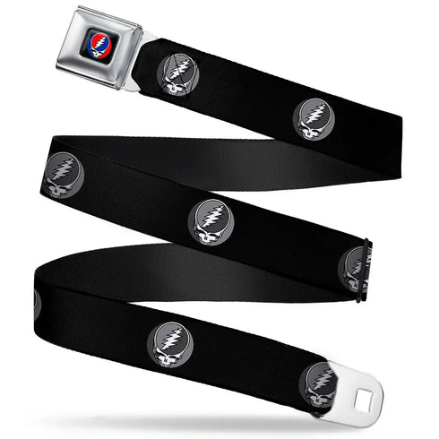 Grateful Dead - Steal Your Face Seatbelt Belt - Steal Your Face Repeat Black/Gray Webbing - StealieShop