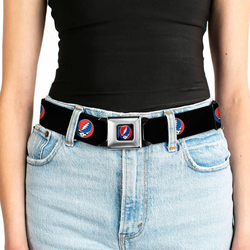 Grateful Dead - Steal Your Face Seatbelt Belt - Steal Your Face Repeat Black/Color Webbing - StealieShop