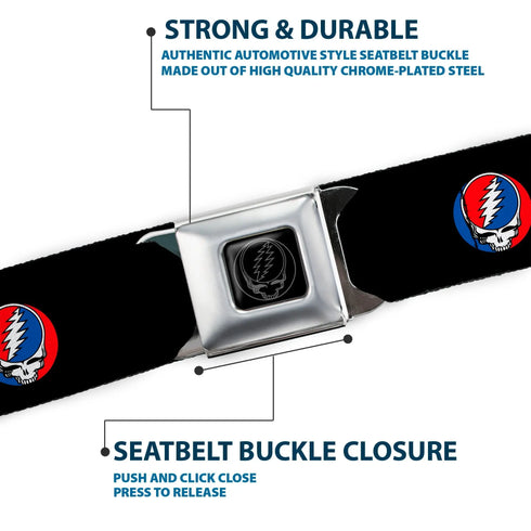 Grateful Dead - Steal Your Face Seatbelt Belt - Steal Your Face Repeat Black/Color Webbing - StealieShop