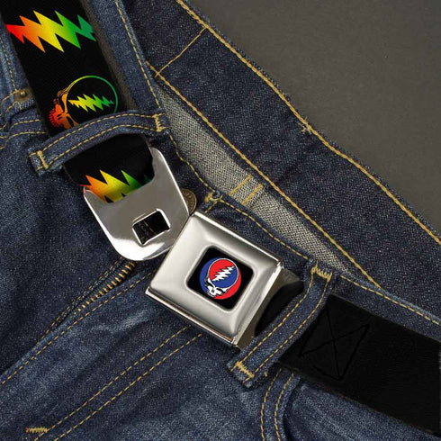 Grateful Dead - Steal Your Face Seatbelt Belt - Steal Your Face w/Lightning Bolt Repeat Black/Rasta Webbing - StealieShop