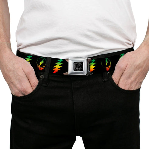 Grateful Dead - Steal Your Face Seatbelt Belt - Steal Your Face w/Lightning Bolt Repeat Black/Rasta Webbing - StealieShop