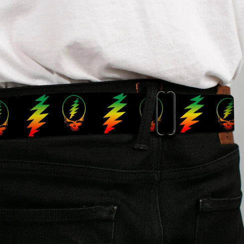Grateful Dead - Steal Your Face Seatbelt Belt - Steal Your Face w/Lightning Bolt Repeat Black/Rasta Webbing - StealieShop
